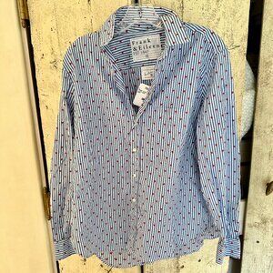 Frank & Eileen | Blue Striped White & Blue Button Down with Red Hearts | Size M